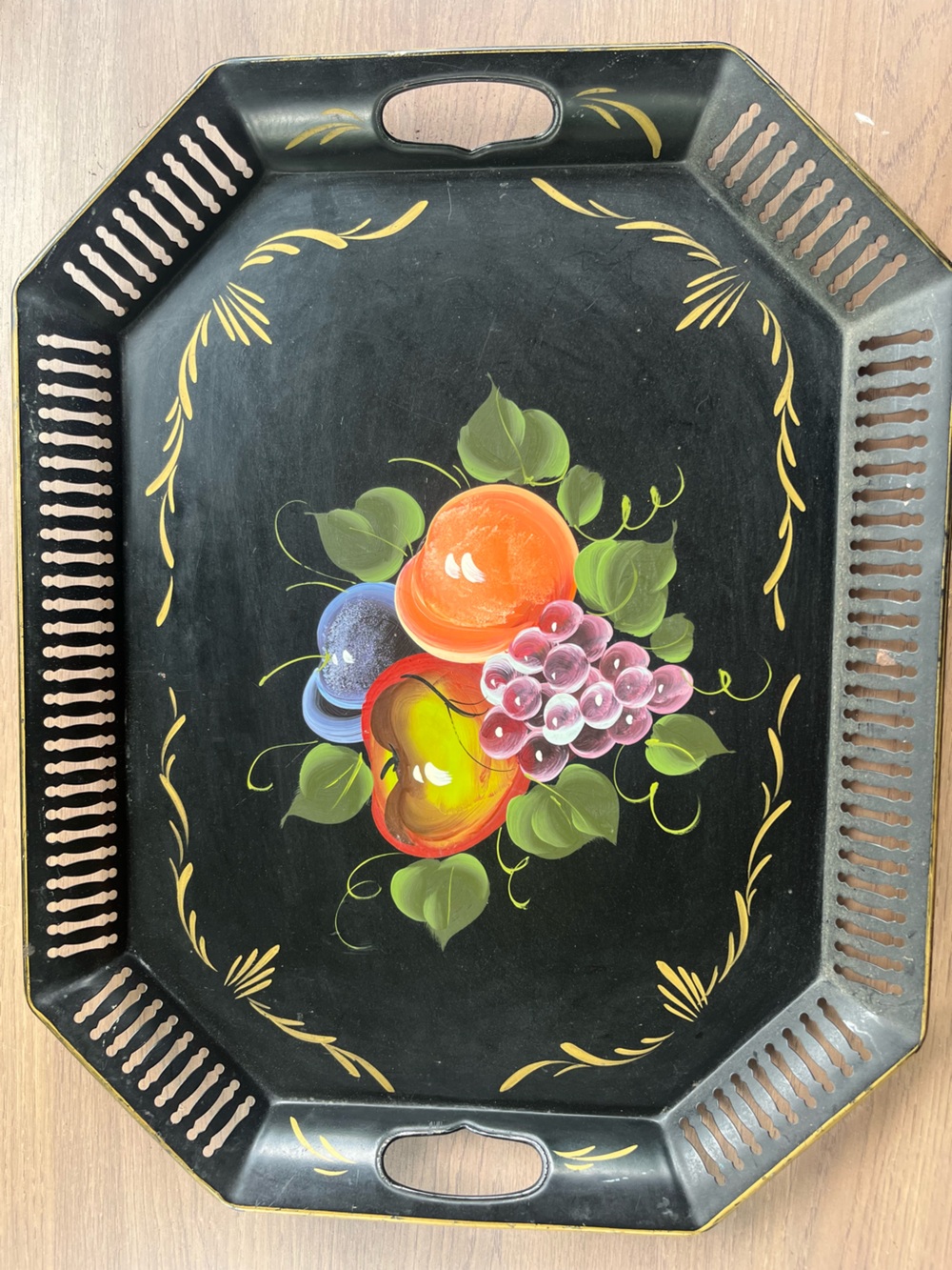 Vintage Hand Painted Fruit Toleware Large Decorative serving tray kitchen decor
